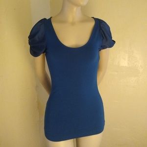Express Teal Tee w/ Sheer Twist Cap Sleeves; XS